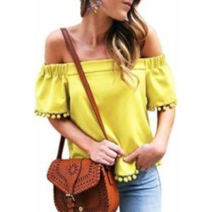 Off The Shoulder Short Sleeve Tassel Trim Blouse